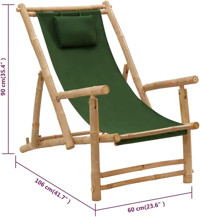 Green Bamboo Deck Chair Adjustable Recliner with Foldable Design for Patio Garden Beach Camping Sturdy Canvas Polyester Outdoor Lounge Chair for Relaxing