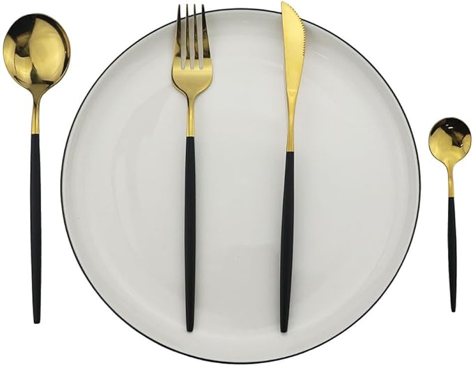 Dish setSilverware Flatware Set 8 Pieces Stainless Steel Cutlery Set 4 Piece Giftting Box Set Stainless Steel Cutlery Fork Knife Spoon Set Giftting Box(Black/Gold)