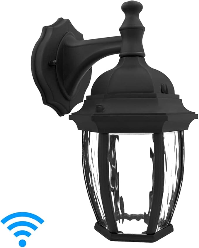 Maxxima Luvoni Smart WiFi LED Outdoor Wall Light Black w/Clear Water Glass App Controlled Porch Lantern 850 Lumens CCT 2700K - 6500K Dimmable Works with Google Home/Alexa