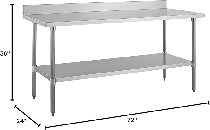Kratos Stainless Steel Kitchen Prep Table 72x24 with Backsplash and Undershelf NSF Worktable for Restaurants - 18ga/430SS (28W-009)