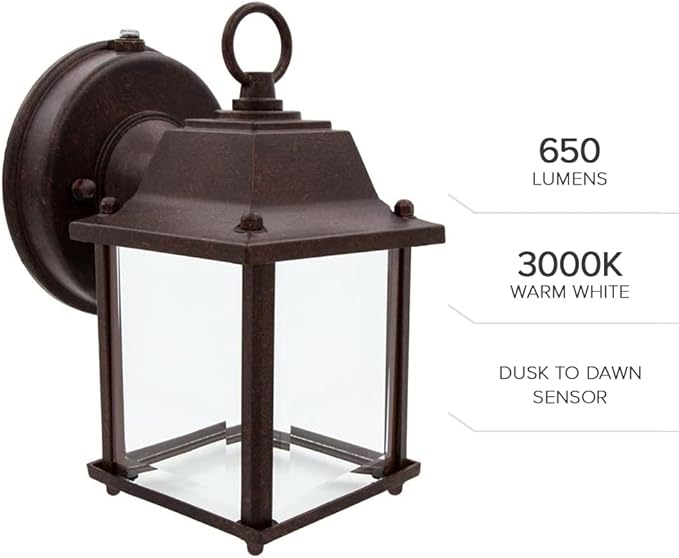 Maxxima LED Porch Lantern Outdoor Wall Light - Aged Bronze with Clear Glass 3000K Warm White 650 Lumens Dusk to Dawn Photocell Light Sensor Patio or Porch Sconce Fixture Exterior Lighting - Brown