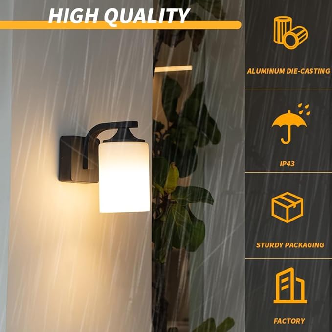 Outdoor Wall Lamp Waterproof and Anti-Rust Aluminium Modern Wall Light Fixture Milk Glass Indoor for OutsideGarden Matt Black