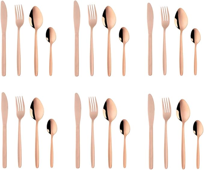 Rose Gold Silverware Set BuyGo 24-Piece Stainless Steel Camping Flatware Dinnerware Set for 6 Hand Polish Dishwasher Safe