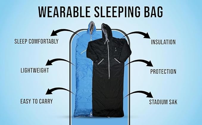 Thermotuff Wearable Sleeping Bag with Dual Hoodie Long Sleeves Pockets &amp Adjustable Drawstring - Ideal for Camping Cold Weather Hiking and Stadium Sak Blanket