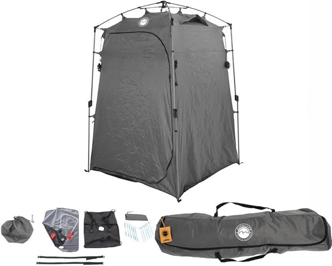 Overland Vehicle Systems Portable Privacy Room with Shower Retractable Floor and Amenity Pouches and More – Quick Set Up - 190T Polyester material with 800mm PU coating - Included 2 Gallon Shower Bag