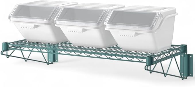 18 x 36 Green Wall-Mounted Wire Shelf Kit with Clip-in Ingredient Storage Bins Heavy-Duty Steel Rack Supports up to 600 lb Flip-Top Lids Open-Wire Design for Kitchen/Prep/Storage
