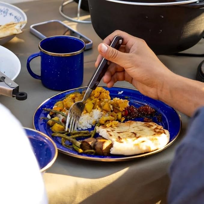 GSI Outdoors Mesa 2-Person Enamelware Dining Set 6-Pieces – Shadow with Bronze-Finished Stainless Steel Rim Dishwasher Safe