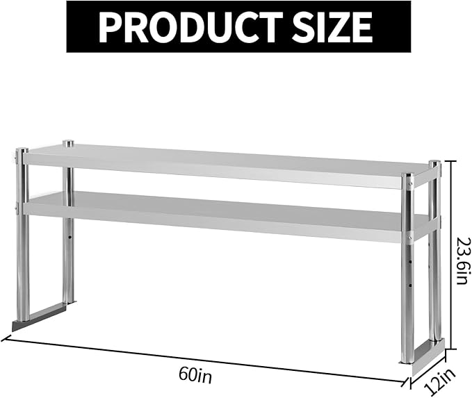 Stainless Steel Double Overshelf 60''L x 12''W Commercial 2 Tier Overshelf Height Adjustable Overshelf for Prep Work Table in Kitchen Restaurant