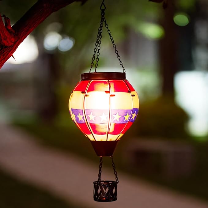 DREAMSOUL 2 PCS Flag Solar Hot Air Balloon Lantern with Flame Hanging Waterproof Solar Lanterns Outdoor Waterproof Flag Day for Patio Garden Decor Fourth of July Decorations