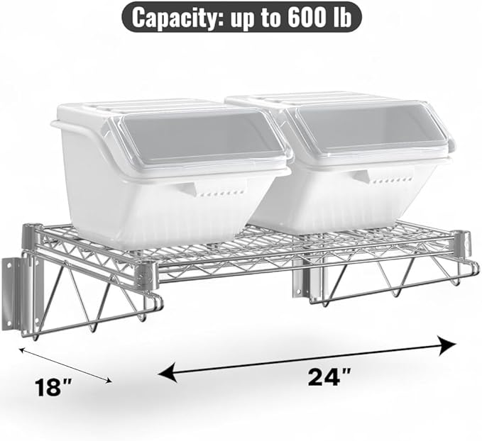18 x 24 Chrome Wall-Mounted Wire Shelf Kit with Clip-in Ingredient Storage Bins Heavy-Duty Steel Rack Supports up to 600 lb Flip-Top Lids Open-Wire Design for Kitchen/Prep/Storage