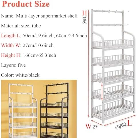 4/5 Tier Retail Display Shelves Metal White Black Supermarket Snacks Candy Storage Stand with Hooks Large Snack Organizer Pantry Kitchen Home Theater MovieBlack5 Tier50x27x166cm