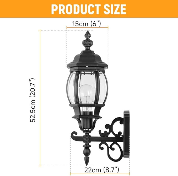Hoteche Outdoor Wall Lantern – Aluminum Exterior Wall Light Fixture for Porch Patio Garage – E27 Socket 60W Max Weatherproof Sconce (Bulb Not Included)