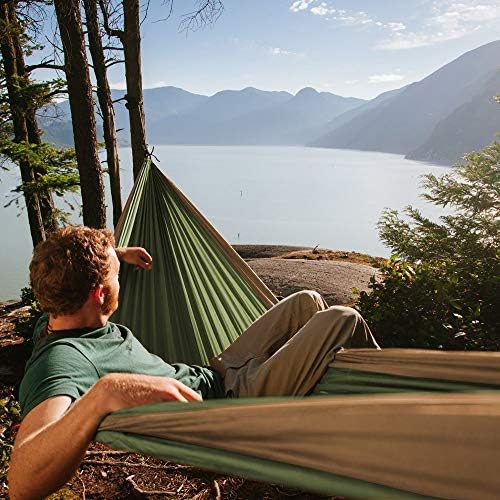 Fox Outfitters Neolite Double Camping Hammock - Lightweight Portable Nylon Parachute Hammock for Backpacking Travel Beach Yard. Hammock Straps &amp Steel Carabiners Included (Khaki/Olive Green)