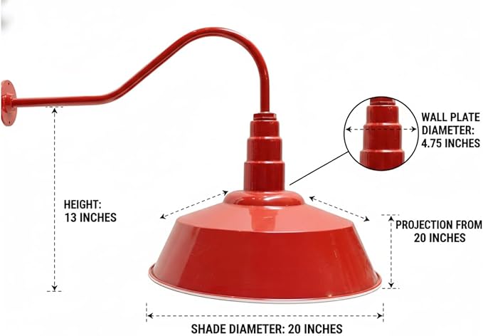 AGB101-AS20-RED Gooseneck Barn Light - Red Outdoor Dome with Incandescent Downlight | Wall-Mount Fixture for Patios Gardens Pathways and Large Outdoor Living Spaces