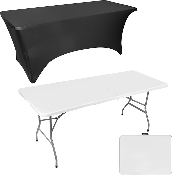 6ft Folding Table Portable Heavy Duty Plastic Utility Foldable Table Indoor Outdoor for Camping Party with Handle Lock - White (6 FT &amp Tablecloth)