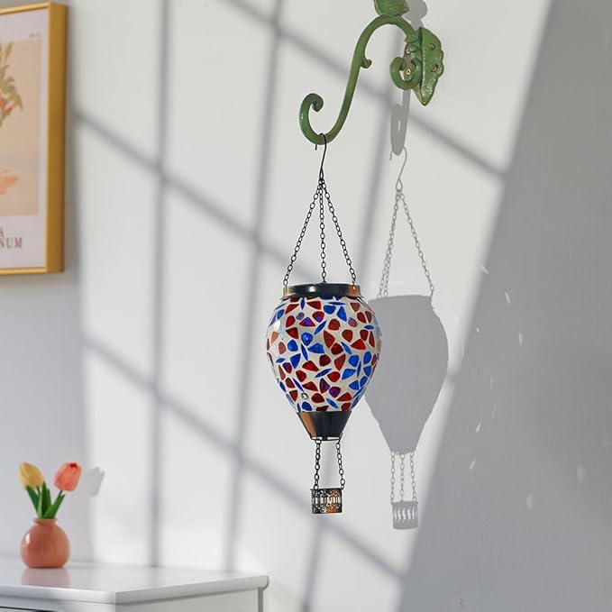 Mosica Hot Air Balloon Solar Lantern Glass Hanging Solars Lanterns Outdoor Waterproof Decorative Solar Light for Garden Yard Patio Decor(Butterfly Pattern)