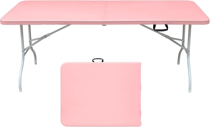 6ft Pink Folding Table Portable Plastic Table for Camping Picnics Parties High Load Bearing Foldable Table