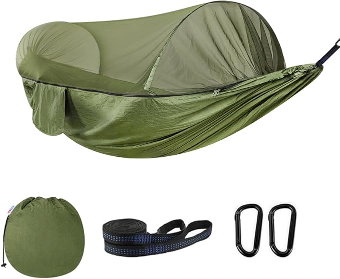 Camping Hammock with Mosquito Net - Double &amp Single Portable Hammocks with 2 Tree Straps Lightweight Hammock Tent for Outdoor Camping Hiking Backpacking Beach &amp Backyard (Army Green)