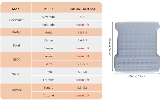 MIROZO Truck Air Mattress Inflatable Bed for 5.5-5.8ft Full Size Short Truck Bedswith Pump &amp Carry Bag for Outdoor CampingHomeTent(Grey)
