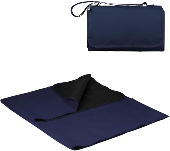 PICNIC TIME Outdoor Picnic Blanket Tote 59x51 Foldable Beach &amp Camping Blanket with Soft Fleece Water-Resistant Bottom Adjustable Strap &amp Zippered Pocket (Navy Blue with Blue Flap)