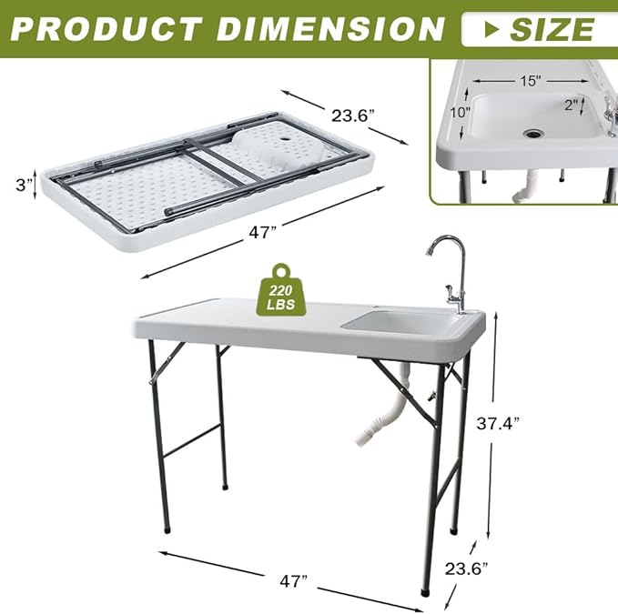 Folding Fishing Cleaning Table with Sink 4ft Portable Foldable Camping Outdoor Table with Faucet for Picnic Camping Kitchen Gardening White