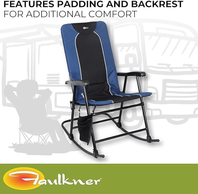 Faulkner Dakota Folding Rocking Chair – Blue/Black 42.1 x 22 300 lb Capacity Padded Camping Chair with Side Pouch Lightweight Steel Frame Folds for Easy Carry