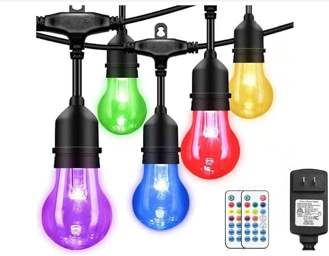 Auroraworld 96FT RGB Outdoor String Lights Dimmable Color Changing Waterproof LED Patio Lights with Remote &amp E26 Shatterproof Edison Bulbs for Bistro Backyard Garden Party Decor
