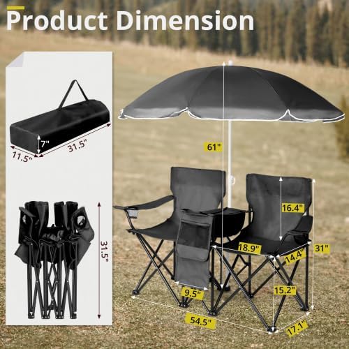 Camping Chairs Folding Double Chair with Removable Umbrella Cup Holders Cooler Bag Side Pocket &amp Carry Bag for Beach Outdoor Sports Concerts Travel Picnic