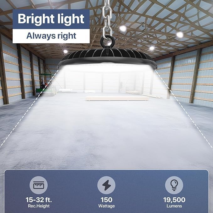 HYPERLITE UFO LED High Bay Light: 150W 19500LM High Bay LED Shop Lights with 6ft Plug - 5000K IP65 LED Warehouse Lights for Workshop Stadium Garage Lighting 6-Pack