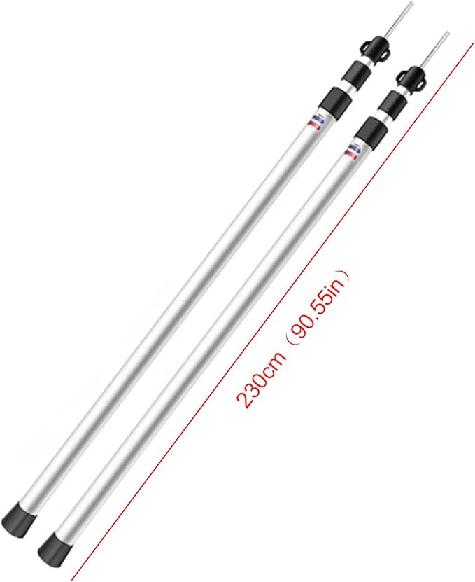 Set of 2 Waterproof Cloth Rod 230CM Telescopic Aluminium Tent Tarp Poles Portable Beach Shelter Tarp Awning Pole Adjustable Telescoping with Rubber Cap for Camping