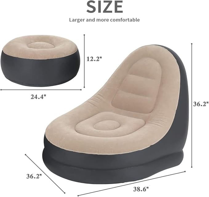 STARBRILLIANT Inflatable Living Room Furniture Chair with Stool for Resting Feet Indoor Foldable Deck Chaise Lounges with Air Pump Travel Camping Picnic Beach Chair(Brown)