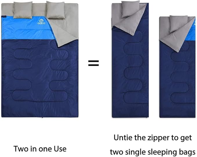 oaskys Double Sleeping Bag for Adults with 2 Pillows - Queen Size XL Waterproof Sleeping Bag for All Season Camping Hiking Backpacking 2 Person Sleeping Bags for Cold Weather &amp Warm