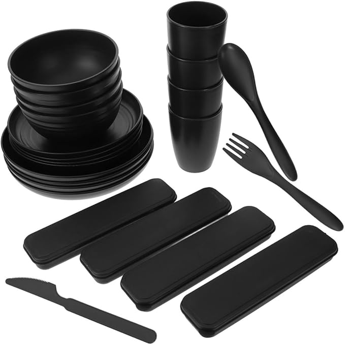4sets Person Tableware Reusable Camping Dishes with Bowls Plates and Utensils for Outdoor Picnics and Parties