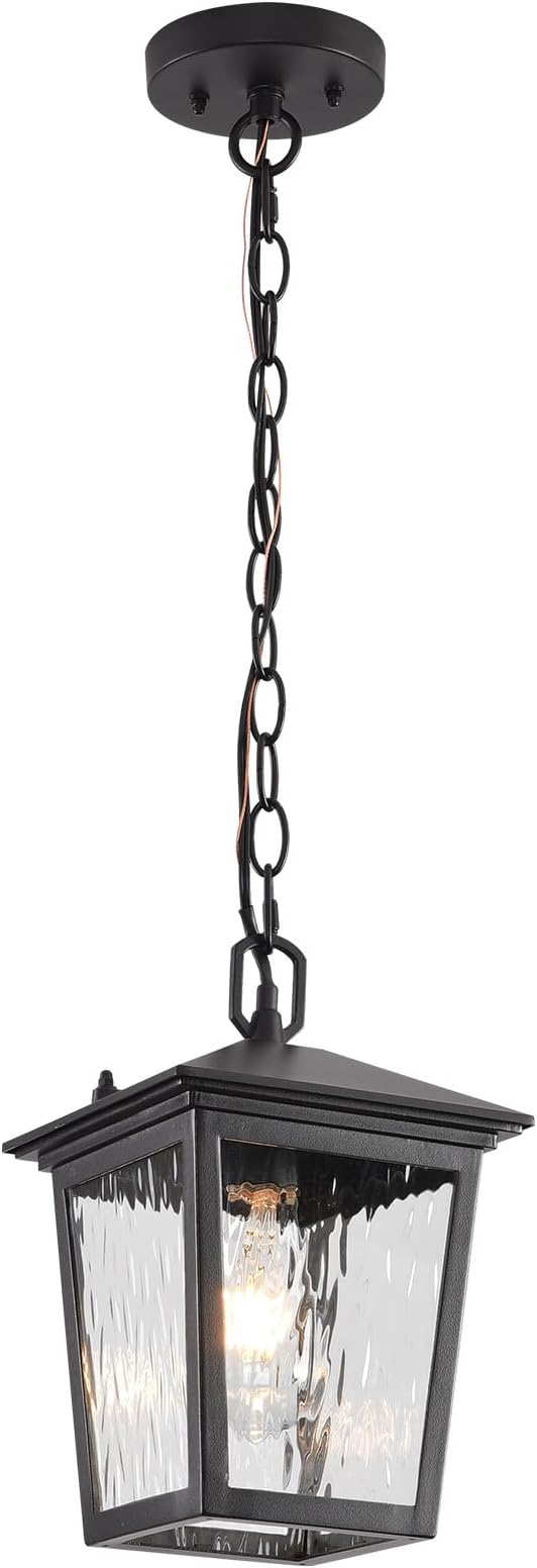 Outdoor Pendant Light Black Outdoor Porch Light fixtures with Anti-Rust Exterior Hanging Lantern Height Adjustable Outside Chandelier with Water Glass for House Patio Garage