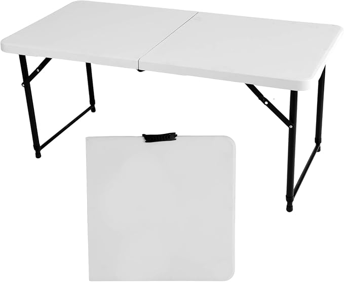 4FT Adjustable Height Folding Camping Table - Portable Foldable Small Table with Metal Frame &amp Plastic Top Ideal for Outdoor Picnic Indoor Dining &amp Events