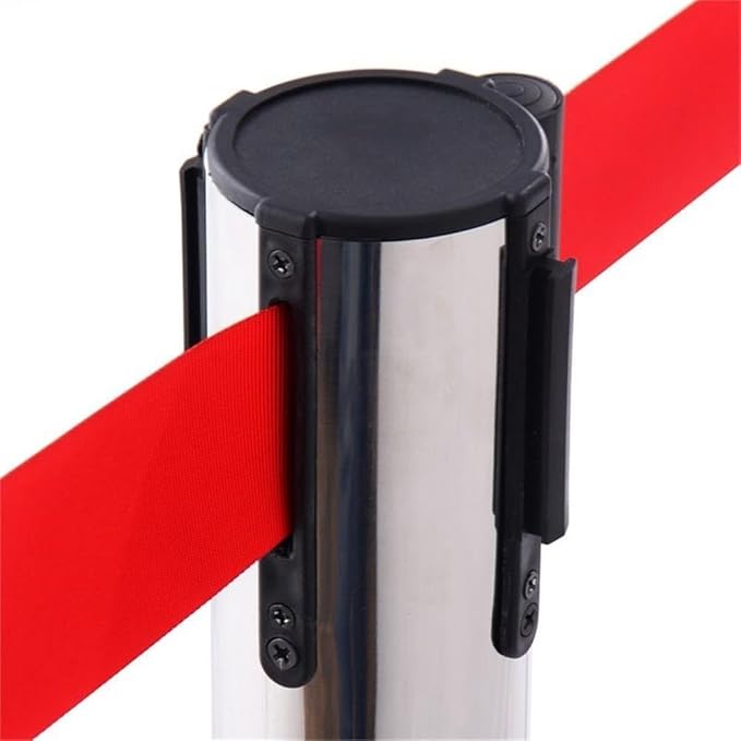 Pemberly Row Stainless Steel Queue Poles 35 in Height Silver with Red Belts Set of 6 Rust-Resistant Finish Stable Cement-Filled Base Rubber Floor Protection Crowd Control for Public Spaces