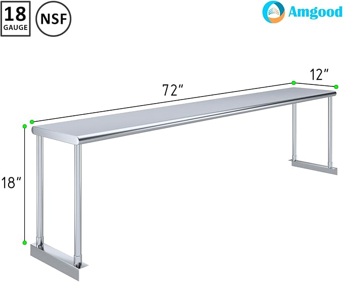 AmGood 12 Wide x 72 Long x 18 High. Stainless Steel Single Overshelf for 72 Long Prep Table