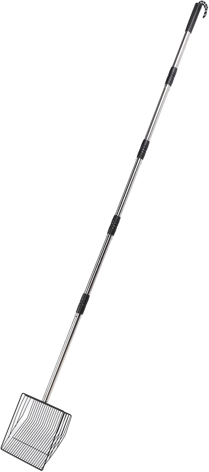 Extended Handle Litter Scoop Retractable Push Lock Design Stainless Steel Non Stick Heavy Duty Chicken Manure Shovel with Fully Enclosed Edges for Large or Small Coops