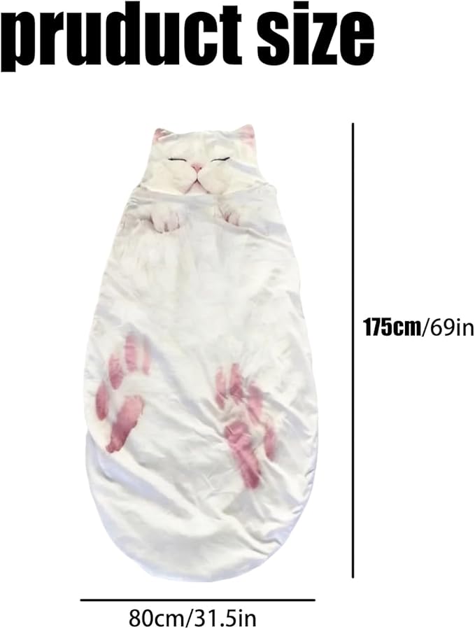 Cat Shaped Plush Sleeping Bag for Adults 69 Foldable Cat Envelope Style Lounge Blanket Soft and Washable Easy in and Out for Camping Travel or Relaxing at Home