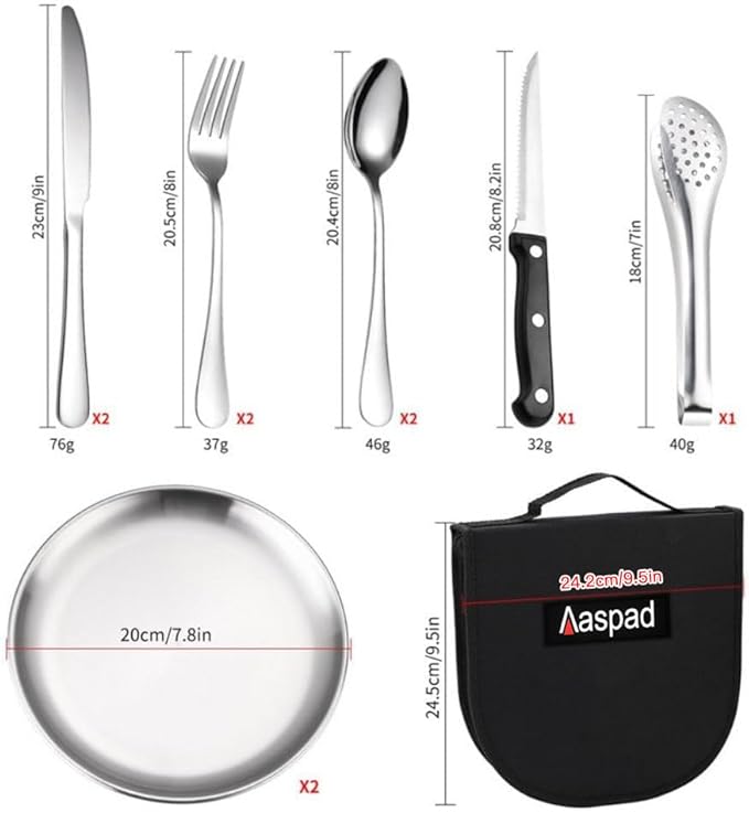 Full Size Stainless Steel Dishes &amp Utensils Sets Outdoor Camping Mess Kits Flatware Picnic Silverware Cutlery Kits Carrier Case Packed of 2 Forks2 Spoons1 Serrated Knife1 Food Clip2 Plates