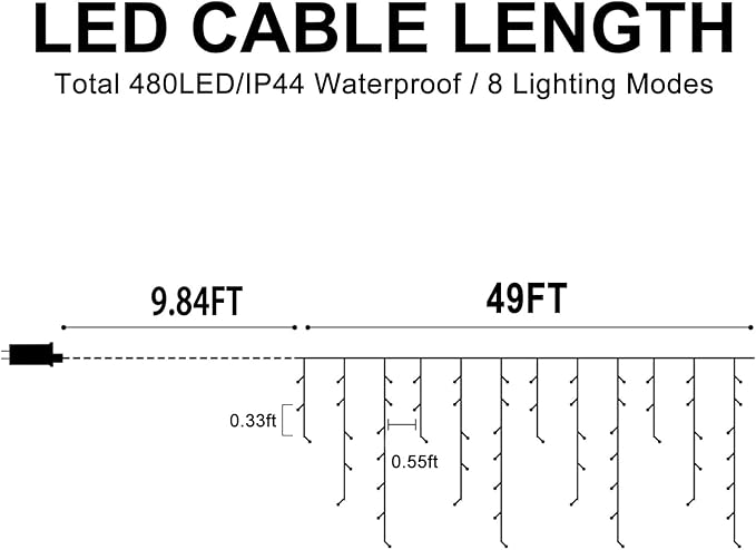 Heceltt White Christmas Lights Outdoor 49FT 480 LED Ice Lights for Outside with 90 Drops Clear Wire 8 Modes Timer Plug in Waterproof for Holiday Eaves Yard Roof Party Christmas Decoration