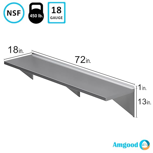 AmGood 18 Width x 72 Length | Stainless Steel Wall Shelf | Square Edge | Metal Shelving | Heavy Duty | Commercial Grade | Wall Mount | NSF Certified