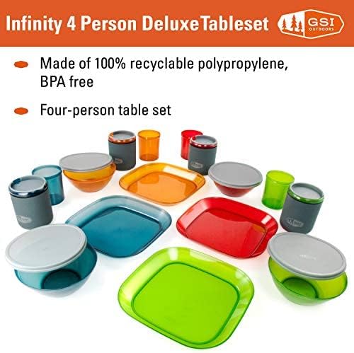 GSI Outdoors - Infinity 4 Person Deluxe Nesting Table Set Multicolor Durable Break Resistant Plates Bowls Mugs and Cups
