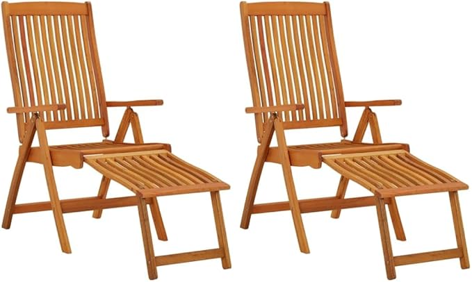 Folding Patio Chairs with Footrests 2 pcs Solid Wood Eucalyptus Outdoor Reclining Lounge Chairs for Garden Terrace and Patio with Adjustable Backrest and Practical Footrests