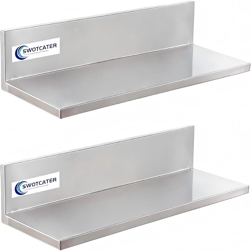 Stainless Steel Wall Shelf with Upgraded Drywall Anchors 8.6x16 50LB 2 Packs L-Shaped Commercial Wall Mount Floating Shelving for Kitchen Restaurant Home