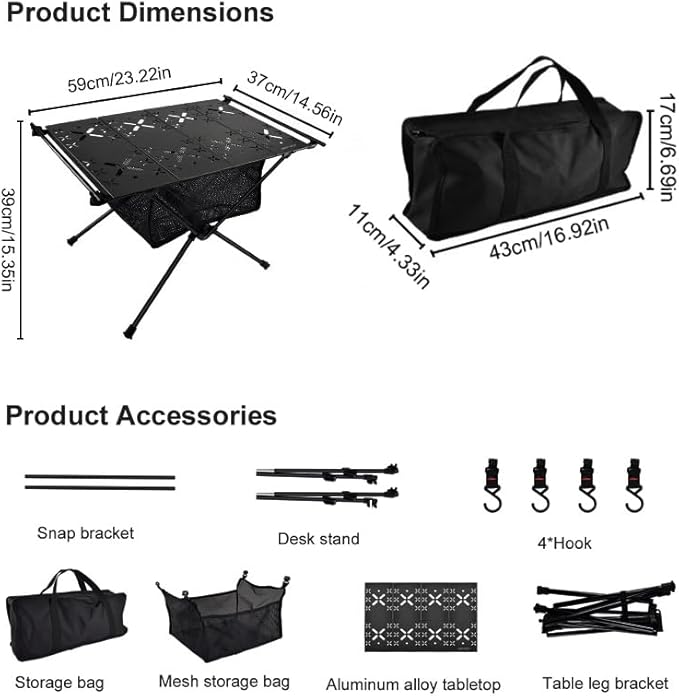 Portable Camping Table Black Aluminum Folding IGT Table 14.5 x 23.2 x 15.34 inches Camping Beach Picnic BBQ Hiking Fishing