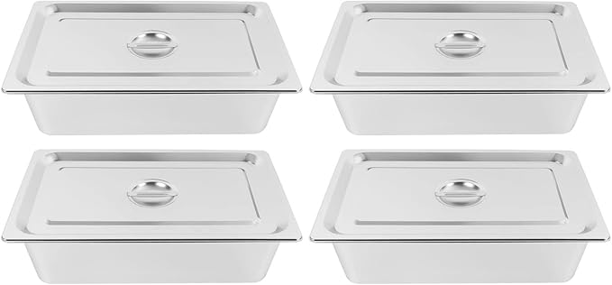 4 Pack Hotel Pan 5.9-Inch Deep Steam Table Pan with Lid 21.26 L x 12.6 W Hotel Pans Stainless Steel Pans Restaurant and Commercial Steam Tables