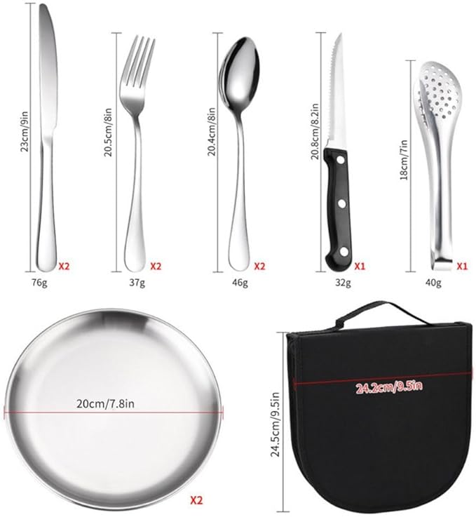 Full Size Stainless Steel Dish &amp Utensil Set Portable Picnic Mess Kit RV Camping Flatware Plate &amp Silverware Cutlery Dinnerware Packed 2 ForkSpoonSerrated KnifeFood Clip Outdoor Gift for Me