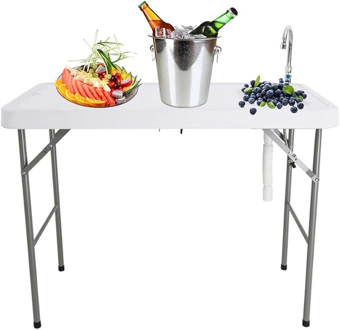 46” Fish Cleaning Table with Sink Portable Camping Table with Faucet &amp Drainage Hose Outdoor Fillet Station for Camp Picnic Garden Fishing White