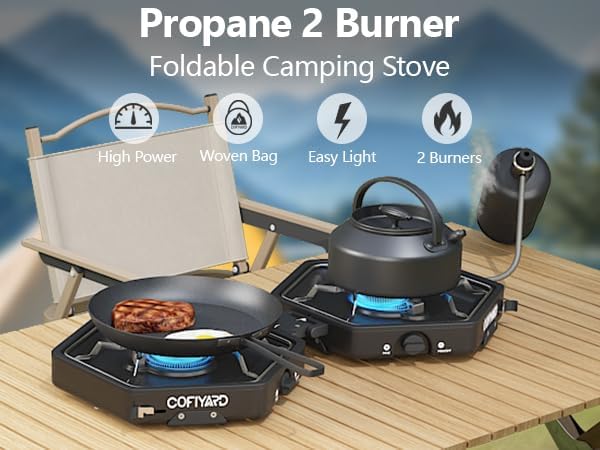Propane 2 Burner Camping Stove with Carrying Bag Portable Folding Gas Stove for Camping Backpacking Camp Stove for Outdoor Cooking With 17000 BTU Adjustable Burners for BBQ Tailgating Black